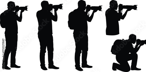  Silhouette of photographers taking pictures with camera, professional photography concept, creative visual art, hobby and work, modern design illustration, CAD drawing flat vector illustration.