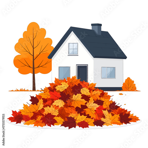 Cartoon House Illustration with Pile of Autumn Leaves and Vibrant Tree Against White Background Representing Seasonal Change and Yard Work