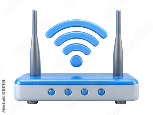 Modern wireless router with glowing blue wi fi signal waves and antennas isolated on transparent background