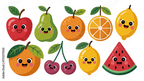Cute and cheerful cartoon fruits with happy faces, perfect for children's designs.