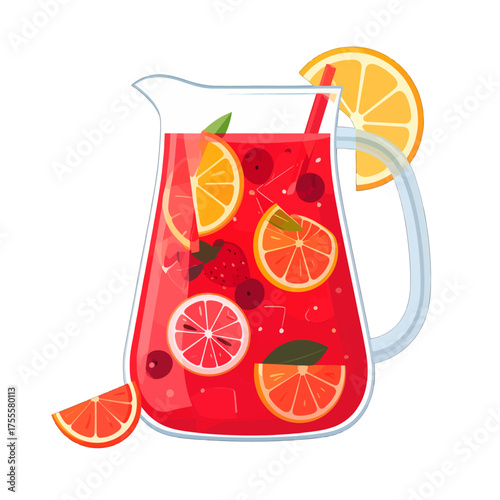 Vibrant Red Fruit Punch in a Glass Pitcher with Citrus Slices Illustration