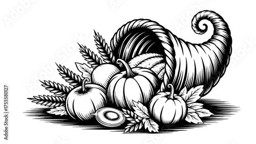 Abundant harvest overflowing from a decorative cornucopia, symbolizing autumn's bounty and gratitude.