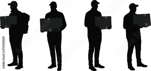 Silhouette illustration of delivery man holding boxes in different standing positions, shipping and logistics concept, black and white vector art drawing