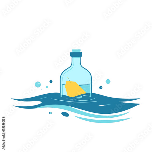 Blue Glass Bottle with Yellow Note Floating on Blue Sea Illustration on White Background