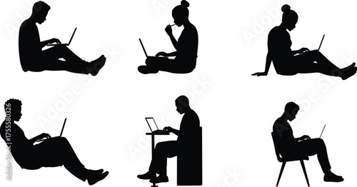 Silhouette illustration of people working on laptops in different sitting positions, remote work and study concept, black and white vector drawing art