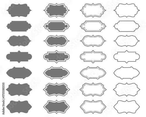 Ramadan frames. Indian window shapes design. Turkish Islamic arch with ornament. Vector arabesque door icons set. Label sticker silhouettes. Muslim oriental architecture elements. Traditional signs.
