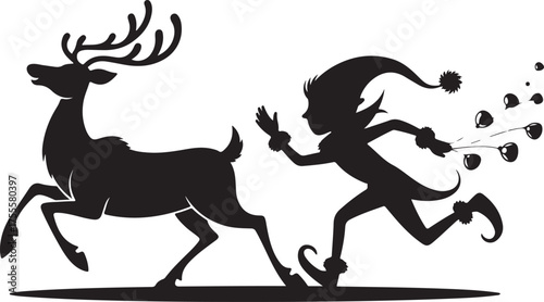 Black silhouette running deer and cute Christmas elf