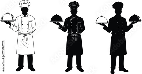 Professional chef silhouette illustration, holding serving tray with cloche lid, culinary uniform and hat, restaurant kitchen staff design, black and white vector art