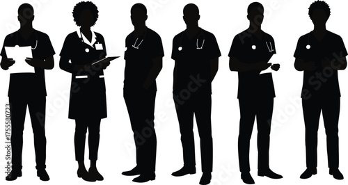 Silhouette illustration of medical professionals standing together, wearing stethoscopes and uniforms, doctors and nurses team, healthcare staff, hospital workers, black vector design