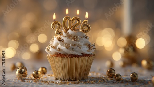 Festive new year 2026 cupcake with gold candles on decorative table for celebration and party celebration concept