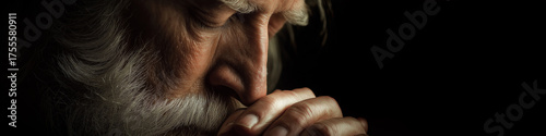 Close-up and profile view, portrait of an old man in prayer with hands clasped on black background with copy space. Classical gesture of a person praying God in the Christian religion. Generative Ai.