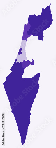 Map of Israel with regions. Just a simple country border map with region division. Deep purple color palette. Blank State of Israel shape with administrative division. Vector illustration.