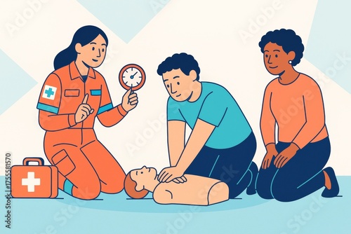 CPR training with medical instructor teaching chest compressions on dummy with stopwatch, surrounded by diverse adults on light abstract background. Ai generative