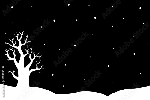 Horizontal background with  lonely tree, snowy hills and falling snowflakes. Winter loneliness, cold season. Flat vector design. For background or website. Black and white color.