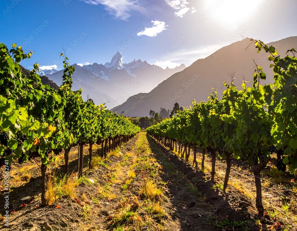 Naklejka premium Vineyards bask in sunlight with a majestic mountain range in the background