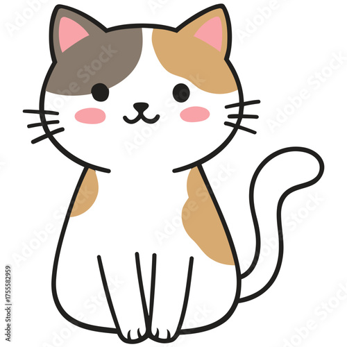 A cute, cartoon-style calico cat with white, brown, and orange patches, sitting and looking forward with rosy cheeks.