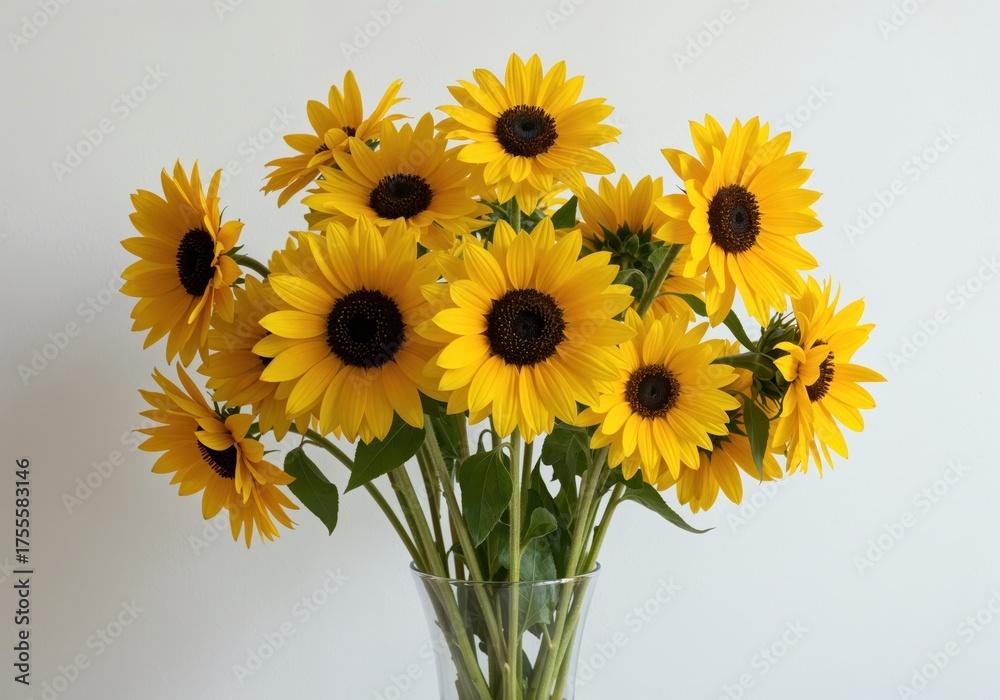 Obraz premium Sunflower Bouquet: A vibrant collection of sunflowers radiates joy and warmth, their radiant yellow petals creating a cheerful display in a bright, inviting space.