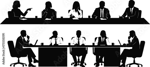 Business meeting silhouette, corporate team discussion around office table, professionals brainstorming, teamwork concept, flat vector illustration, isolated on white background
