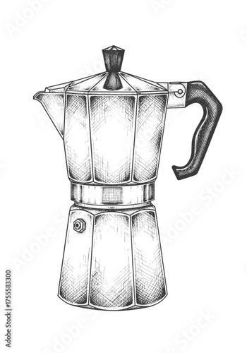 Vintage Moka Pot Coffee Maker Hand Drawn Etching Illustration of Classic Espresso Brewer