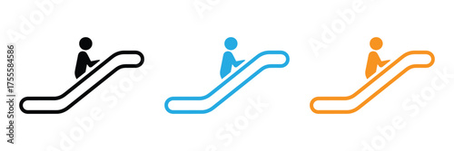 Escalator icons in black, blue, and orange color schemes,Escalator logo set isolated on white background vector illustration of a moving staircase symbol