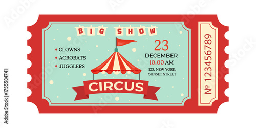 Colorful flat vector illustration of a circus ticket for a winter show. Decorative design with circus tent, snowflakes, and festive details. Perfect for posters, invitations, web, and print design.