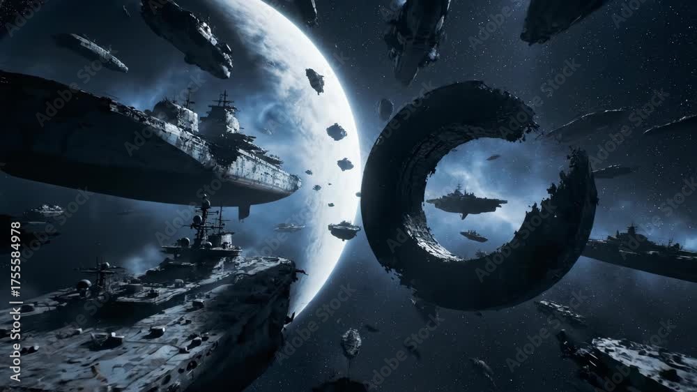 Small Dead Rocketship Abandoned spaceship graveyard orbiting a white dwarf star in deep space ...