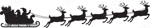 Santa Claus in sleigh pulled by reindeer, silhouette vector illustration