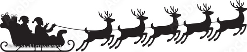 Santa Claus in sleigh pulled by reindeer, silhouette vector illustration