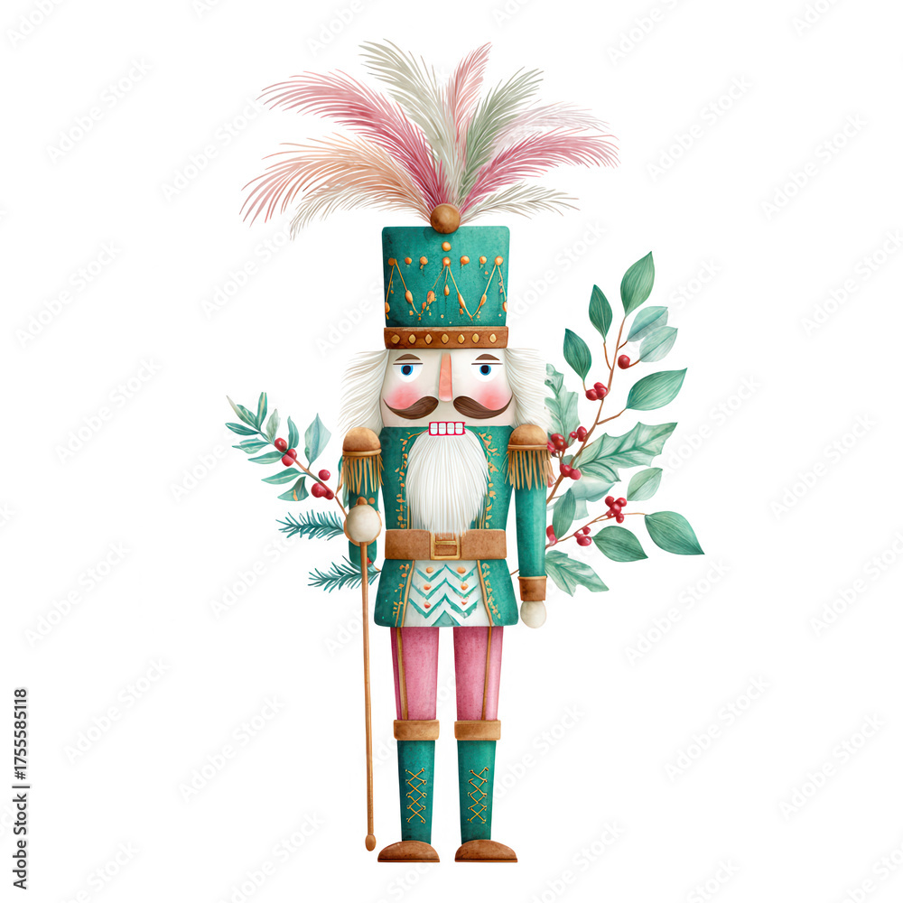 Naklejka premium Colorful nutcracker figure dressed in teal and gold with a feathered hat, standing among festive greenery and red berries