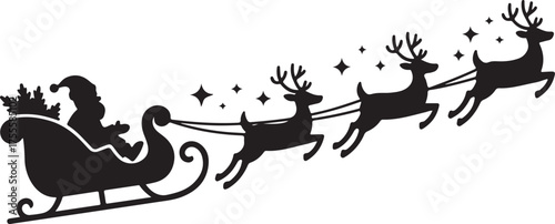 Santa Claus on sleigh flying sky with reindeers black vector silhouette on white background. illustration design for winter holiday decoration, Christmas greeting card and Happy new year