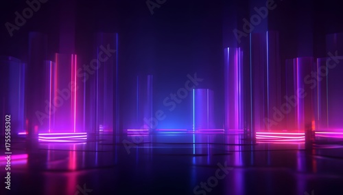 Abstract cityscape illuminated by vibrant neon light pillars reflecting on a wet dark surface creating a futuristic urban atmosphere