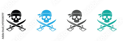 Pirate skull and crossed swords vector icons in black, blue, gray, and green,Pirate skull with bandana and crossed swords isolated on white background, symbol of piracy