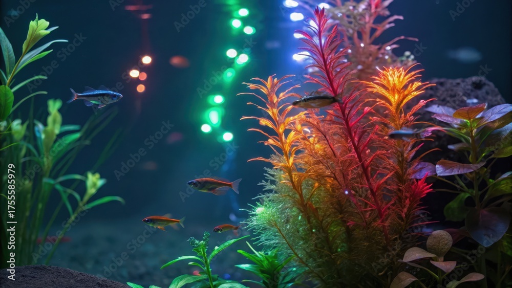 Obraz premium Aquarium decor with LED lighting Underwater scene featuring colorful plants and fish with vibrant lighting.
