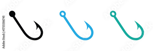 Colorful fishing hooks in a row offer choices for angling adventures and hobbies,Collection of fishing hook icons isolated on white background for angling and recreation