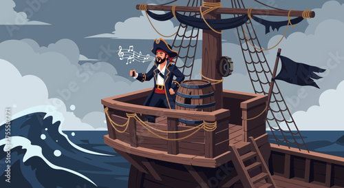 Cartoon Pirate Singing on a Ship at Sea with Cloudy Skies and Large Waves