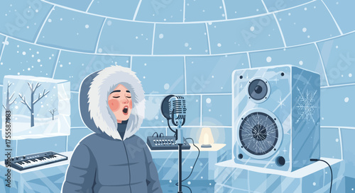 A winter musician crafts music in an igloo music studio, blending art and ice