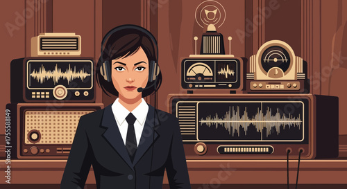 Retro communication era: an illustration of woman with radios collection