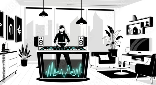 Modern living room with female DJ playing music on turntables in apartment