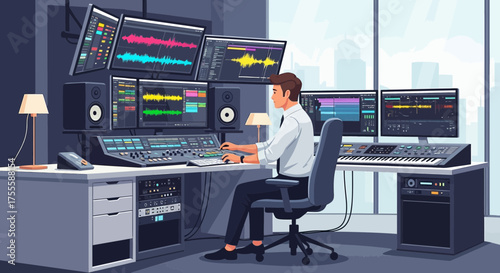 Professional music producer at work in modern studio mixing audio tracks