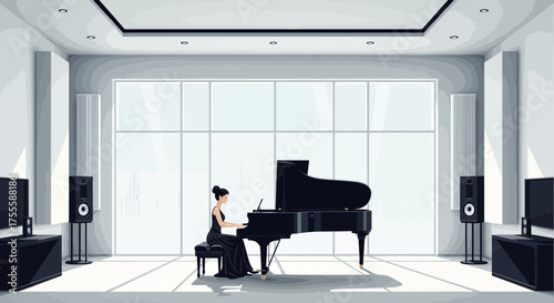 Elegant monochrome interior scene featuring a pianist with a grand piano