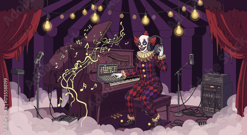 Surreal cartoon illustration of a clown musician performing on a piano stage