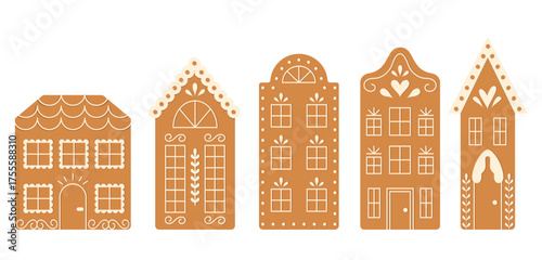 Gingerbread Houses Cute Set. Christmas and New Year Cookies. Festive Bakery Collection. 