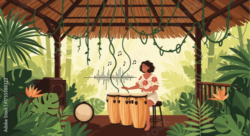 Tropical Rhythms: Woman Playing Congas in Lush Jungle Venue with Vibrant Flora