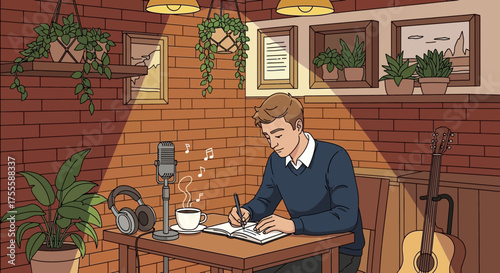 Musician creating song lyrics in cafe atmosphere with guitar and recording setup