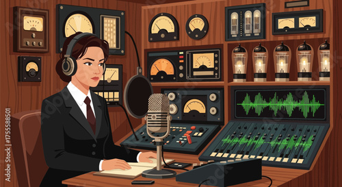Vintage Radio Show Hostess Broadcasting From a Retro Radio Studio Setting