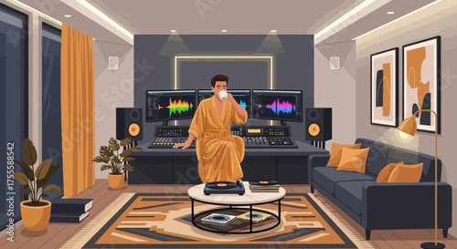 Modern musician's lifestyle: Coffee break in a contemporary professional recording studio