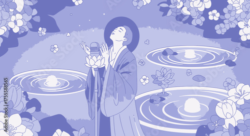 Monochromatic serenity: A figure bathed in tranquil light in a floral pond