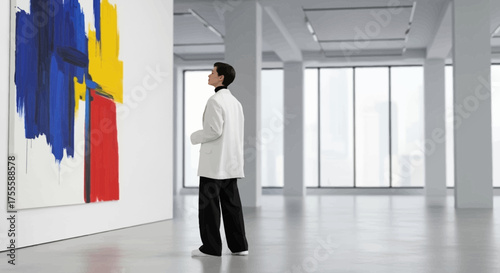 Captivated gaze: a modern gallery visitor absorbed in the vibrant brushstrokes