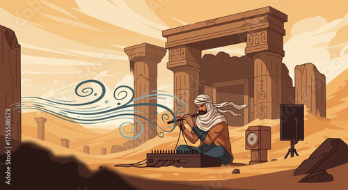 Desert Rhythms: A Musician's Oasis Among Ancient Ruins Creates Melodic Sandscapes