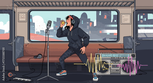 Captivating subway serenade: a musician's spontaneous performance with vivid cityscape backdrop